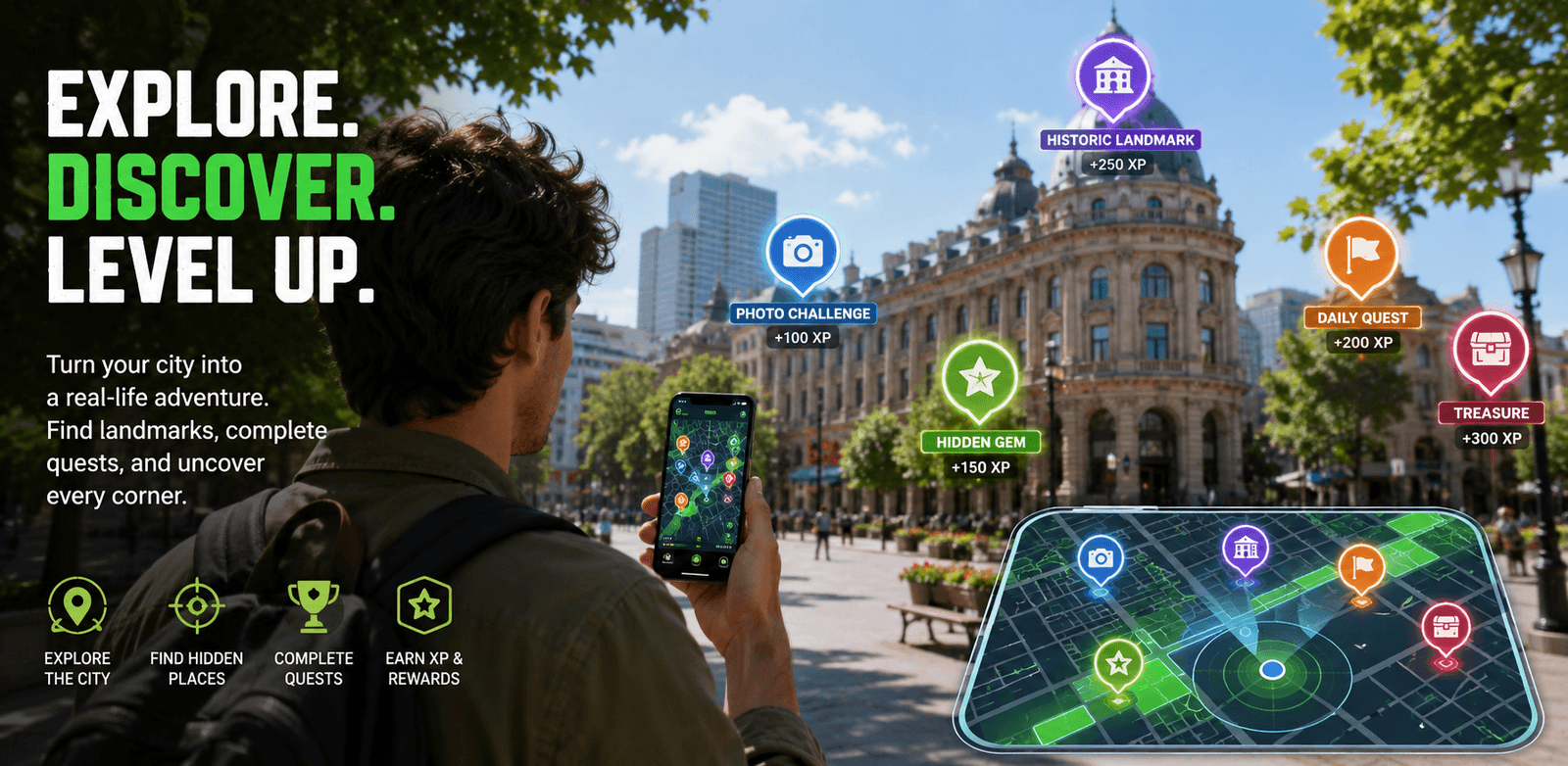 Adventurify promotional art: explore the city, find hidden places, complete quests, and earn XP